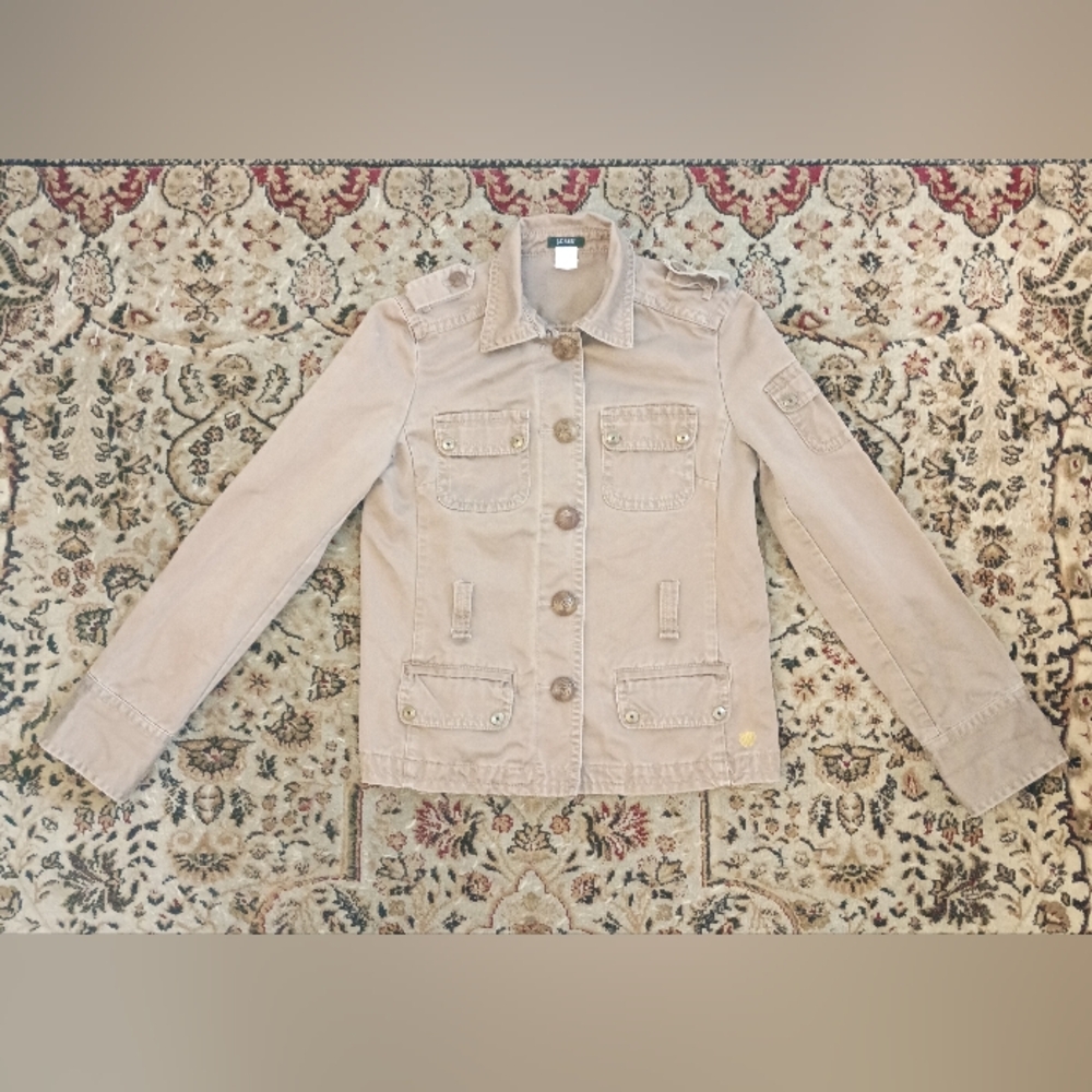 J Crew Jacket S Caramel Military Cargo Utility Emboss Metal Button Pockets